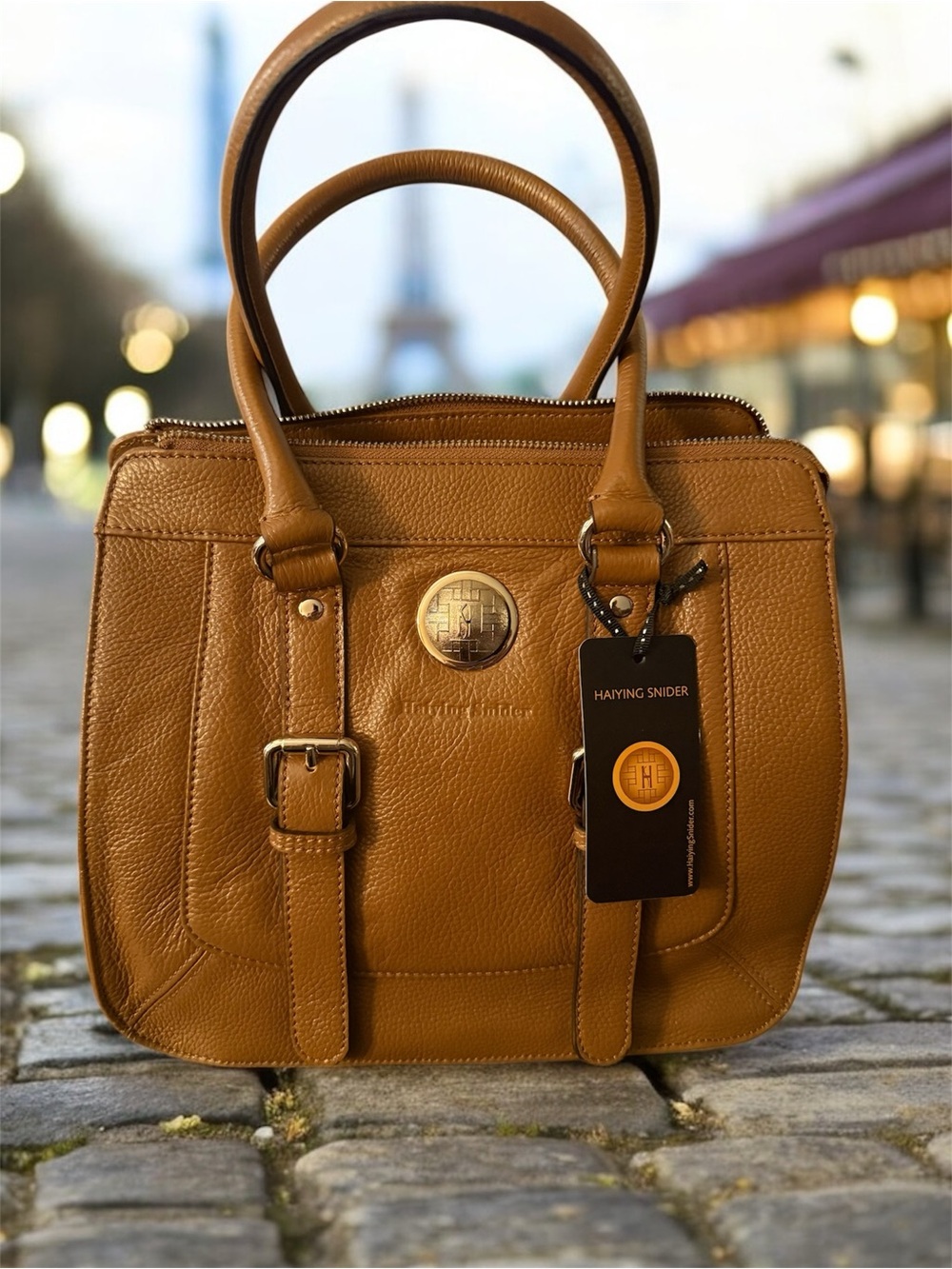 Haiying Snider Tan Leather Structured Satchel